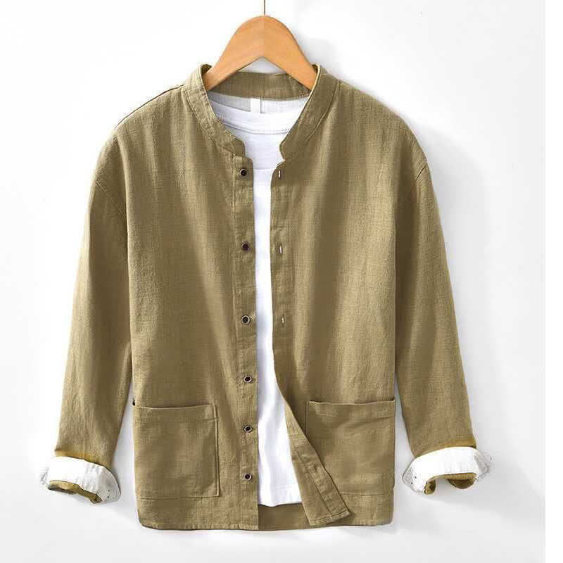 Nimara Ritual Spring Summer Casual Tang Style Mandarin Collar Solid Men's Long Sleeve Shirts With Pocket
