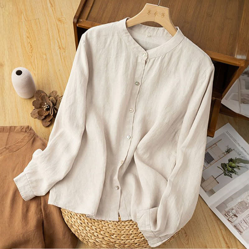 Nimara Ritual Fall Casual Tang Style Mandarin Collar Solid Women's Long Sleeve Shirts