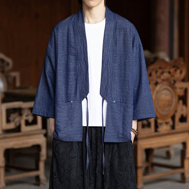 Nimara Ritual Spring Summer Casual Minimalist Drawstring Solid Three-Quarter Sleeve Men's Kimono With Pocket