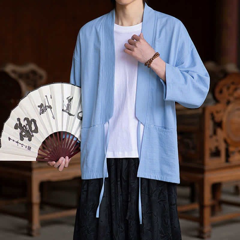 Nimara Ritual Spring Summer Casual Minimalist Drawstring Solid Three-Quarter Sleeve Men's Kimono With Pocket