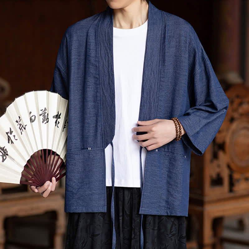 Nimara Ritual Spring Summer Casual Minimalist Drawstring Solid Three-Quarter Sleeve Men's Kimono With Pocket