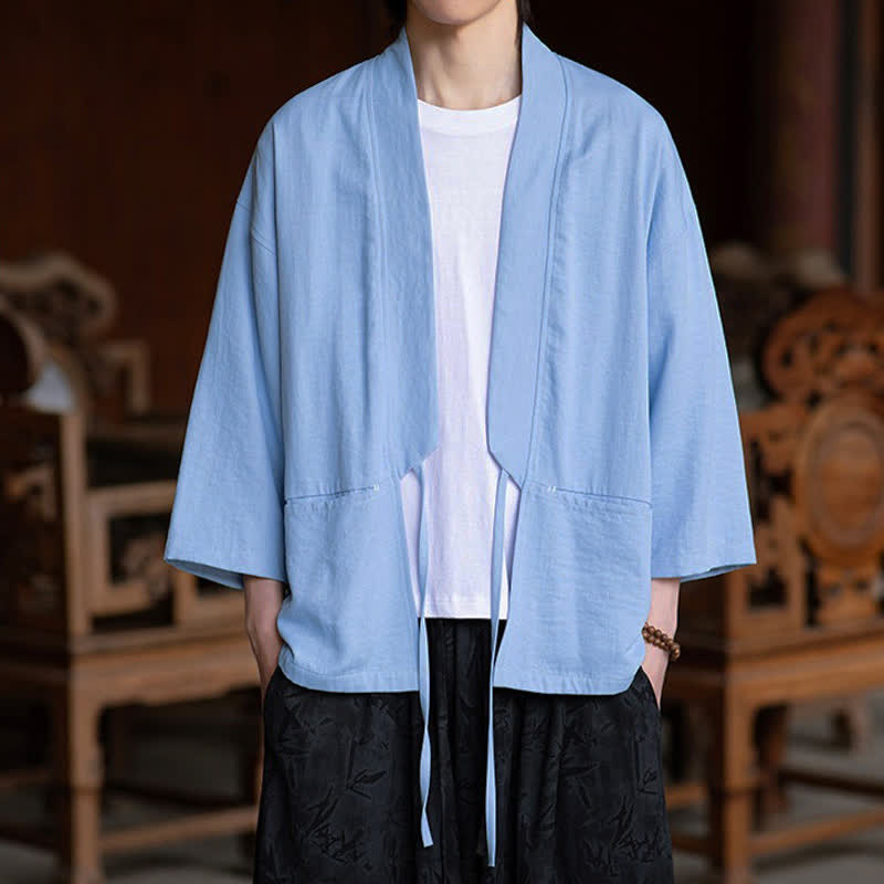 Nimara Ritual Spring Summer Casual Minimalist Drawstring Solid Three-Quarter Sleeve Men's Kimono With Pocket