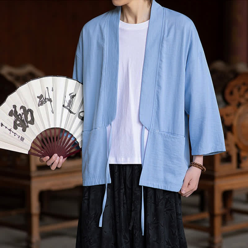Nimara Ritual Spring Summer Casual Minimalist Drawstring Solid Three-Quarter Sleeve Men's Kimono With Pocket