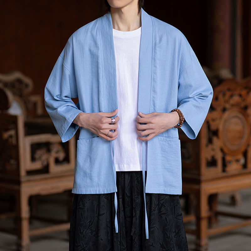 Nimara Ritual Spring Summer Casual Minimalist Drawstring Solid Three-Quarter Sleeve Men's Kimono With Pocket