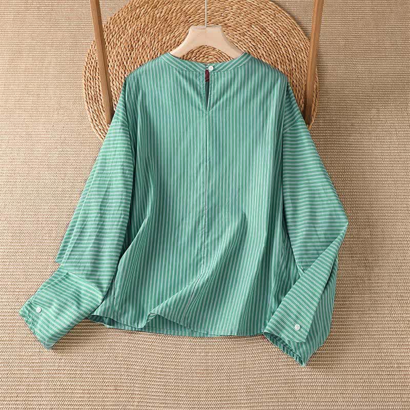 Nimara Ritual Spring Casual Minimalist Green Striped Crew Neck Women's Long Sleeve T-Shirt