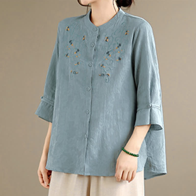 Nimara Ritual Spring Summer Vintage Tang Style Embroidery Mandarin Collar Floral Women's Long Sleeve Shirts