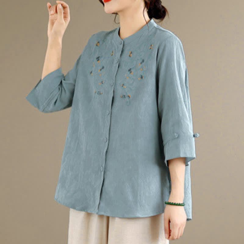 Nimara Ritual Spring Summer Vintage Tang Style Embroidery Mandarin Collar Floral Women's Long Sleeve Shirts