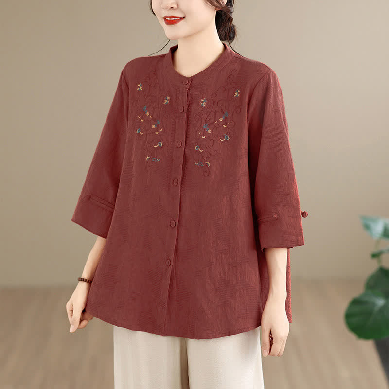 Nimara Ritual Spring Summer Vintage Tang Style Embroidery Mandarin Collar Floral Women's Long Sleeve Shirts