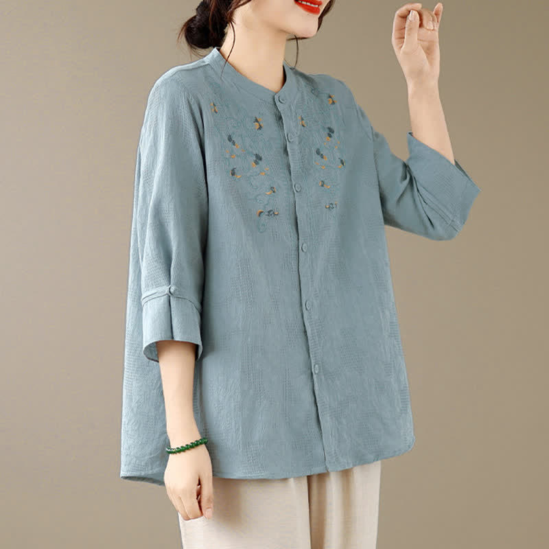 Nimara Ritual Spring Summer Vintage Tang Style Embroidery Mandarin Collar Floral Women's Long Sleeve Shirts