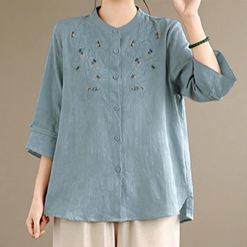 Nimara Ritual Spring Summer Vintage Tang Style Embroidery Mandarin Collar Floral Women's Long Sleeve Shirts