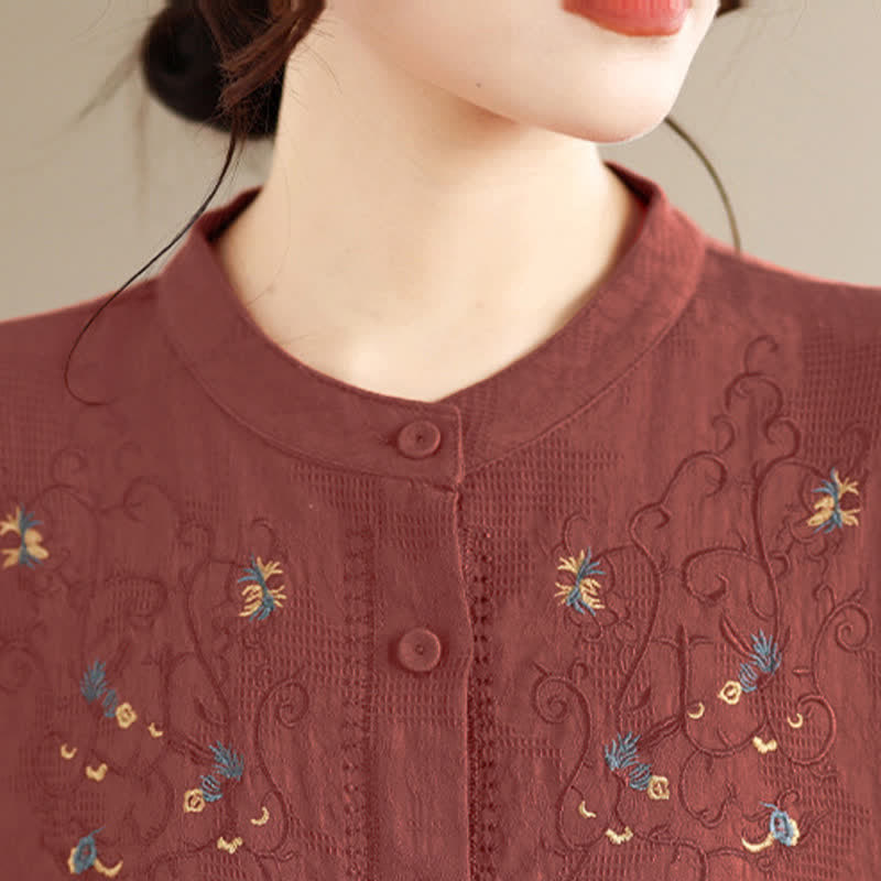 Nimara Ritual Spring Summer Vintage Tang Style Embroidery Mandarin Collar Floral Women's Long Sleeve Shirts