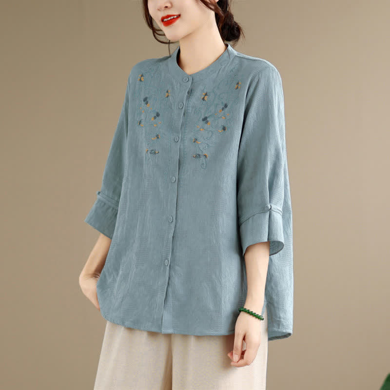 Nimara Ritual Spring Summer Vintage Tang Style Embroidery Mandarin Collar Floral Women's Long Sleeve Shirts