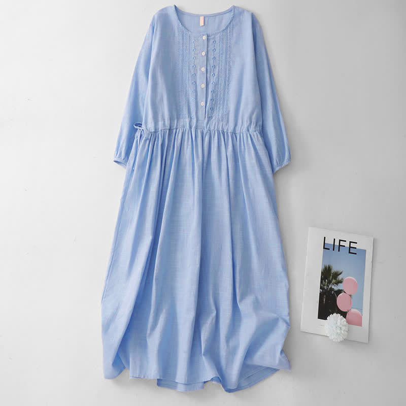 Nimara Ritual Spring Summer Casual Vintage Button-Up Drawstring Solid Crew Neck Women's Three-Quarter Sleeve Dress