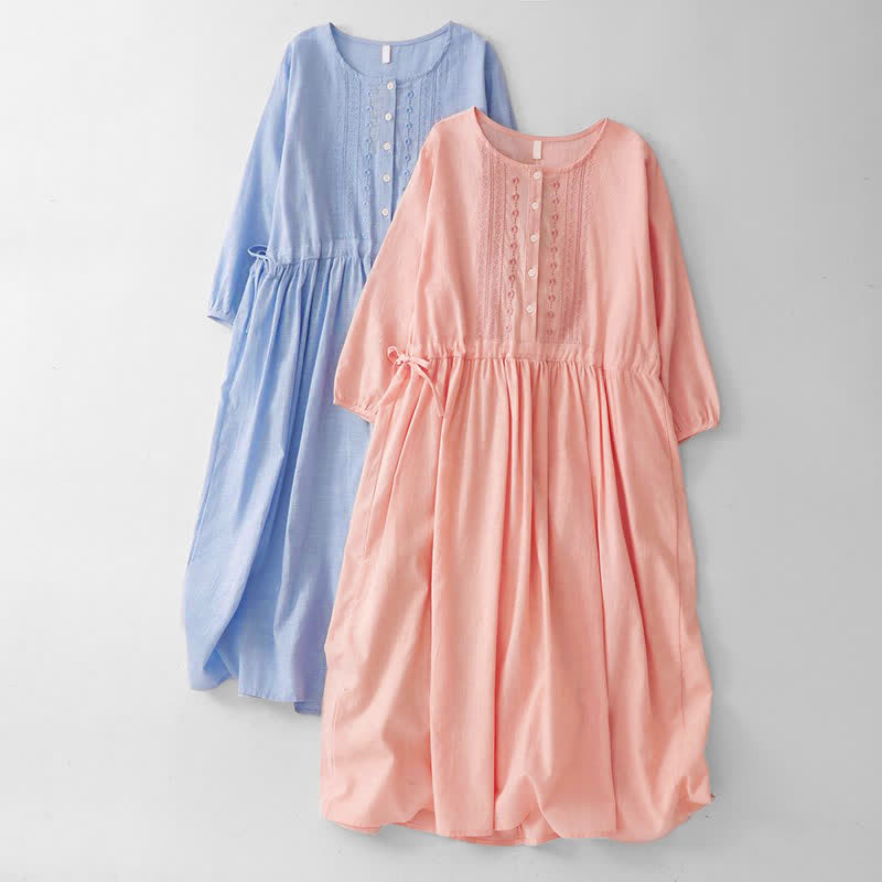 Nimara Ritual Spring Summer Casual Vintage Button-Up Drawstring Solid Crew Neck Women's Three-Quarter Sleeve Dress