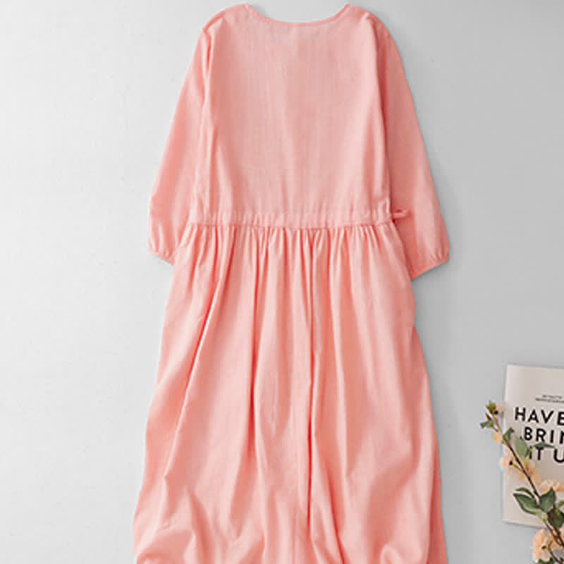 Nimara Ritual Spring Summer Casual Vintage Button-Up Drawstring Solid Crew Neck Women's Three-Quarter Sleeve Dress
