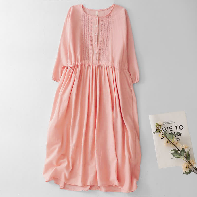 Nimara Ritual Spring Summer Casual Vintage Button-Up Drawstring Solid Crew Neck Women's Three-Quarter Sleeve Dress