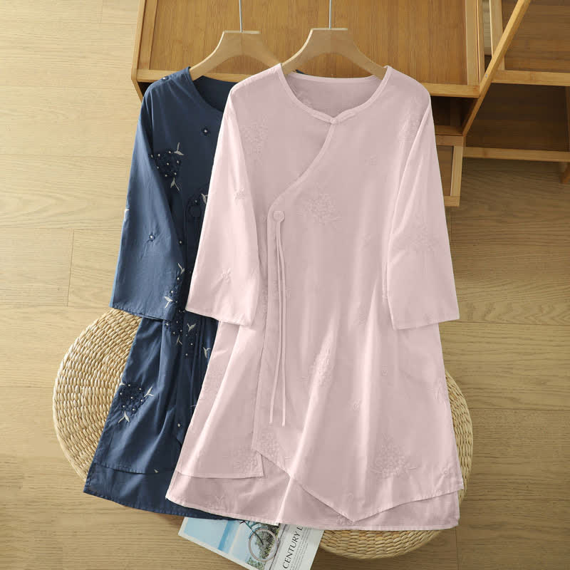 Nimara Ritual Summer Casual Embroidery Floral Crew Neck Women's Three-Quarter Sleeve Dress With Pockets