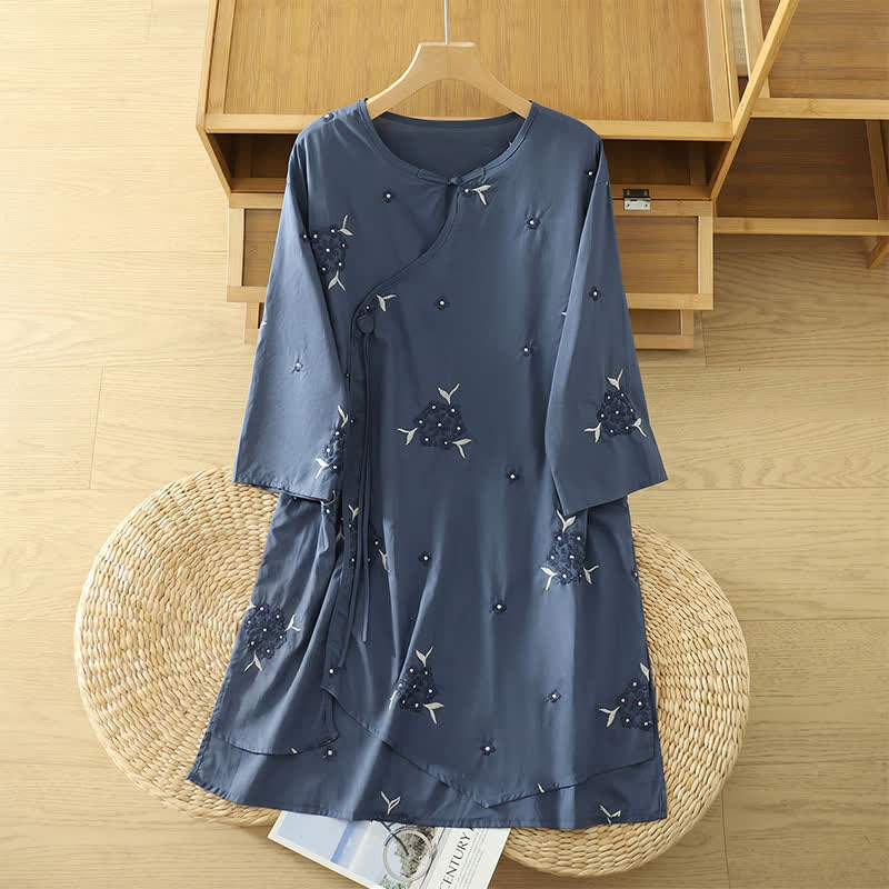 Nimara Ritual Summer Casual Embroidery Floral Crew Neck Women's Three-Quarter Sleeve Dress With Pockets