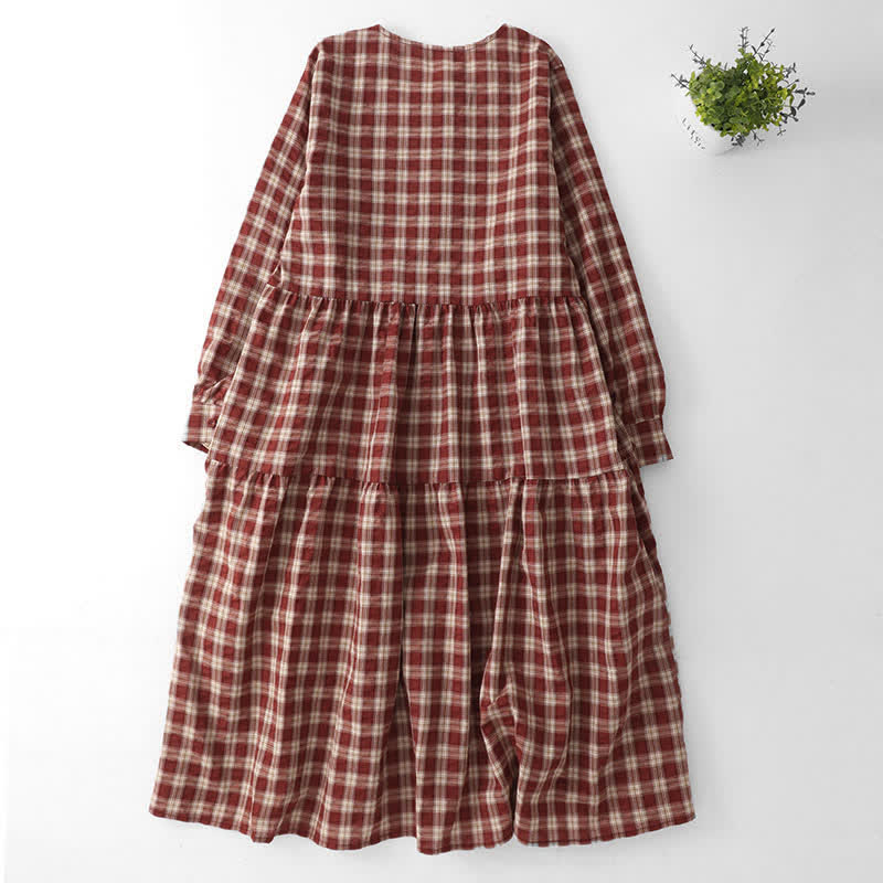 Nimara Ritual Fall Casual Vintage Button-Up Red Plaid Tiered Women's Long Sleeve Dress With Pocket