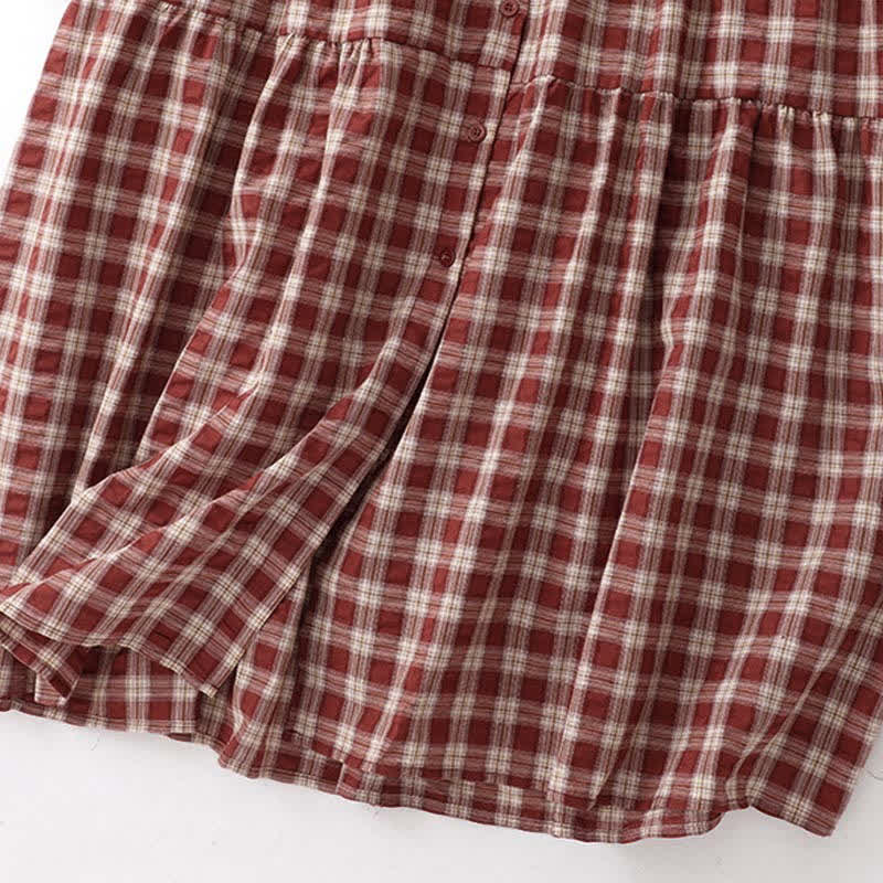 Nimara Ritual Fall Casual Vintage Button-Up Red Plaid Tiered Women's Long Sleeve Dress With Pocket