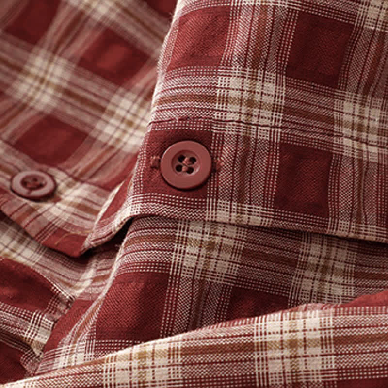 Nimara Ritual Fall Casual Vintage Button-Up Red Plaid Tiered Women's Long Sleeve Dress With Pocket