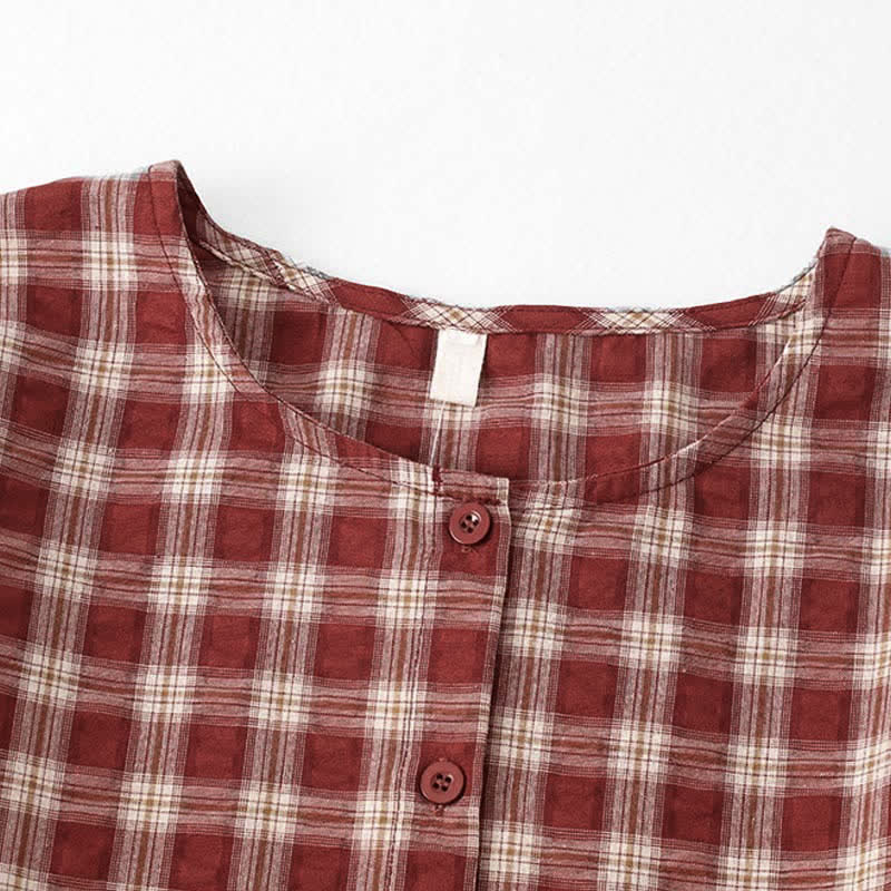 Nimara Ritual Fall Casual Vintage Button-Up Red Plaid Tiered Women's Long Sleeve Dress With Pocket