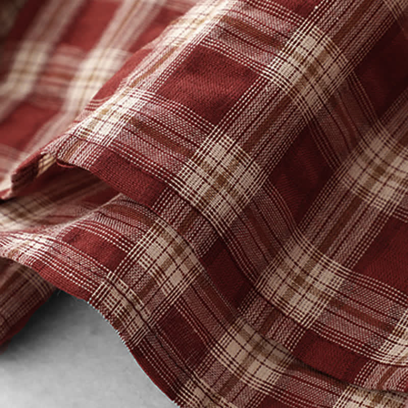 Nimara Ritual Fall Casual Vintage Button-Up Red Plaid Tiered Women's Long Sleeve Dress With Pocket