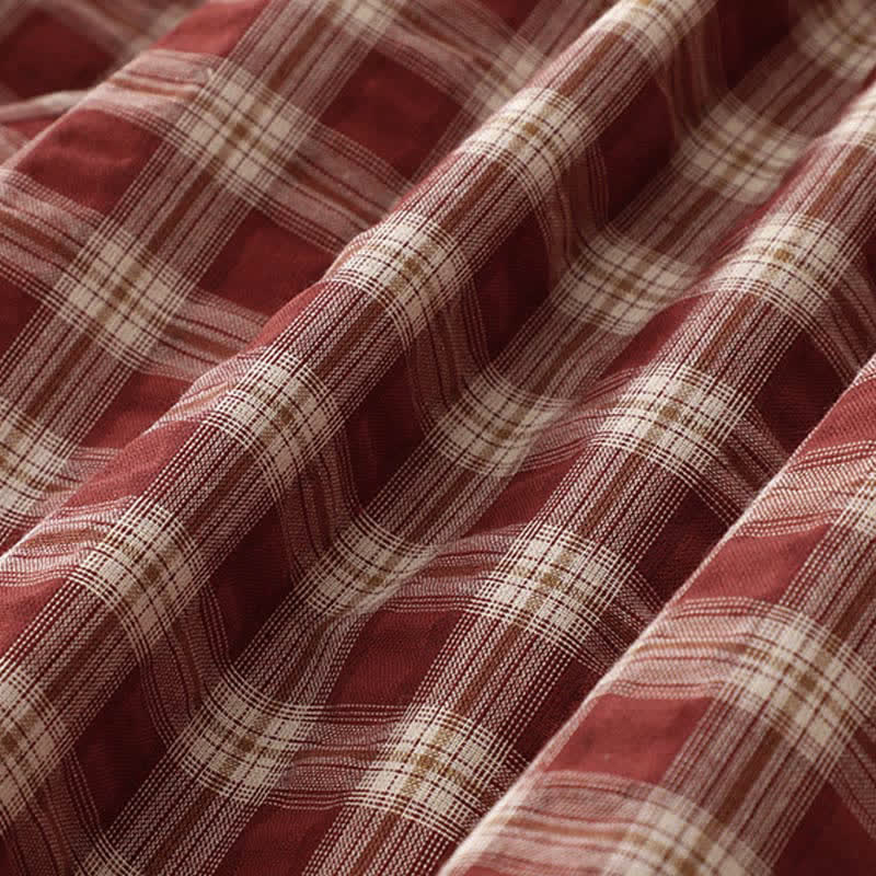 Nimara Ritual Fall Casual Vintage Button-Up Red Plaid Tiered Women's Long Sleeve Dress With Pocket