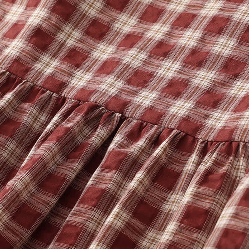 Nimara Ritual Fall Casual Vintage Button-Up Red Plaid Tiered Women's Long Sleeve Dress With Pocket