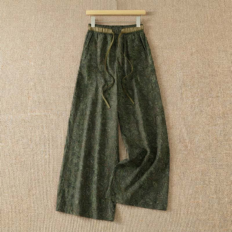 Nimara Ritual Spring Summer Boho Drawstring Green Abstract Long Pants Women's Wide Leg Pants With Pocket