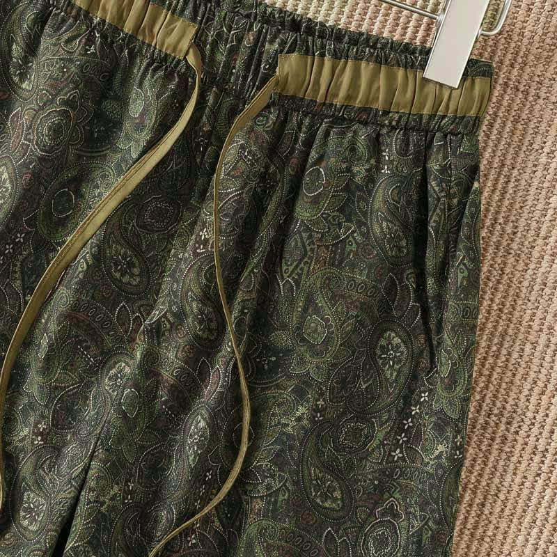 Nimara Ritual Spring Summer Boho Drawstring Green Abstract Long Pants Women's Wide Leg Pants With Pocket