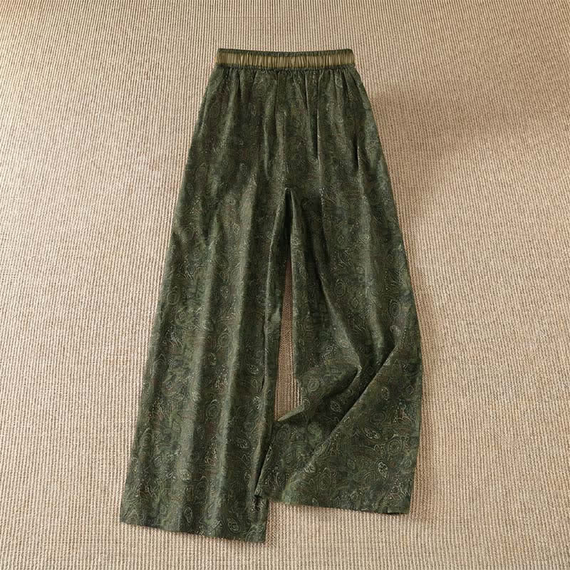 Nimara Ritual Spring Summer Boho Drawstring Green Abstract Long Pants Women's Wide Leg Pants With Pocket