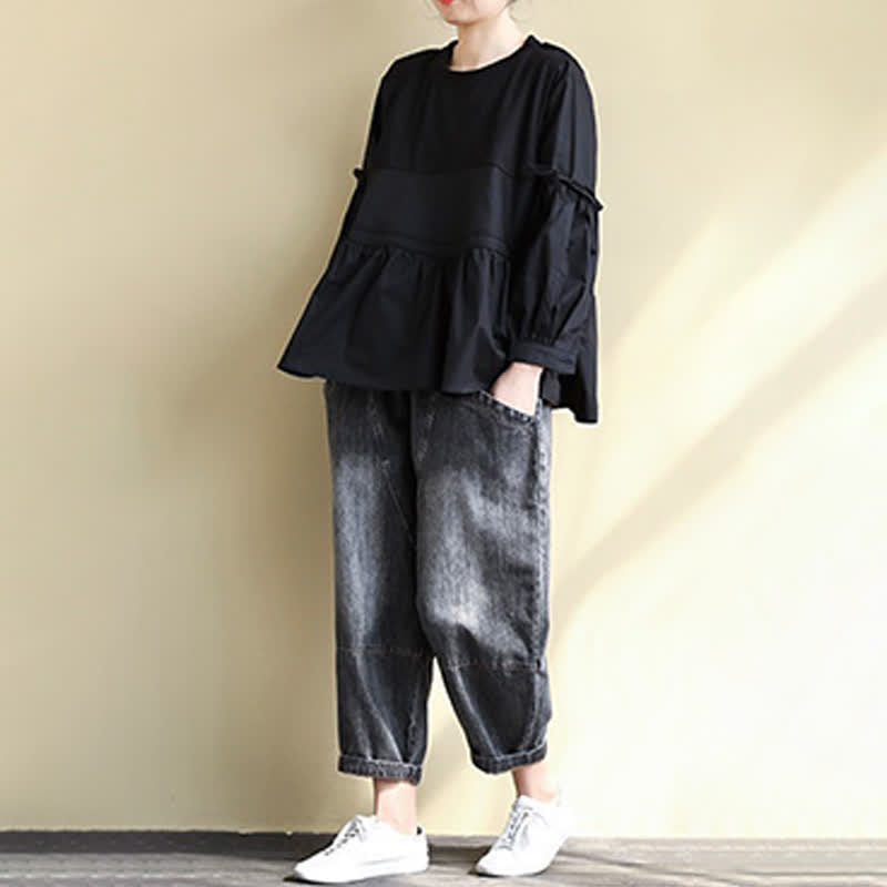 Nimara Ritual Spring Fall Casual Vintage Crew Neck Peplum Hem Drawstring Solid Women's Long Sleeve T-Shirt