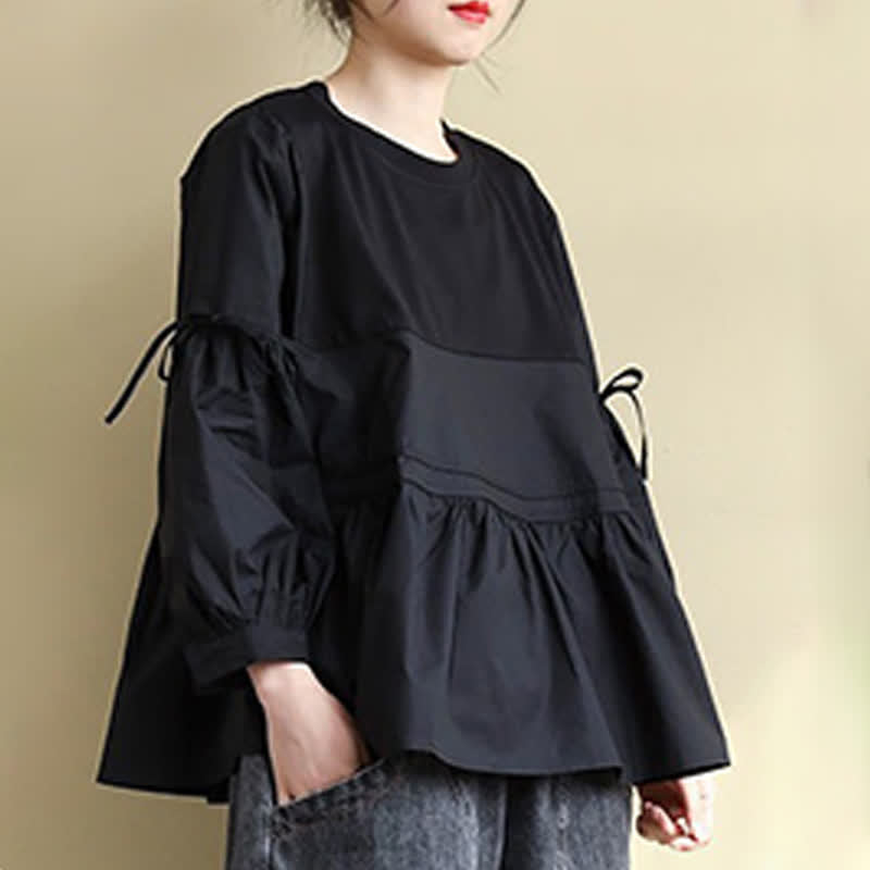 Nimara Ritual Spring Fall Casual Vintage Crew Neck Peplum Hem Drawstring Solid Women's Long Sleeve T-Shirt