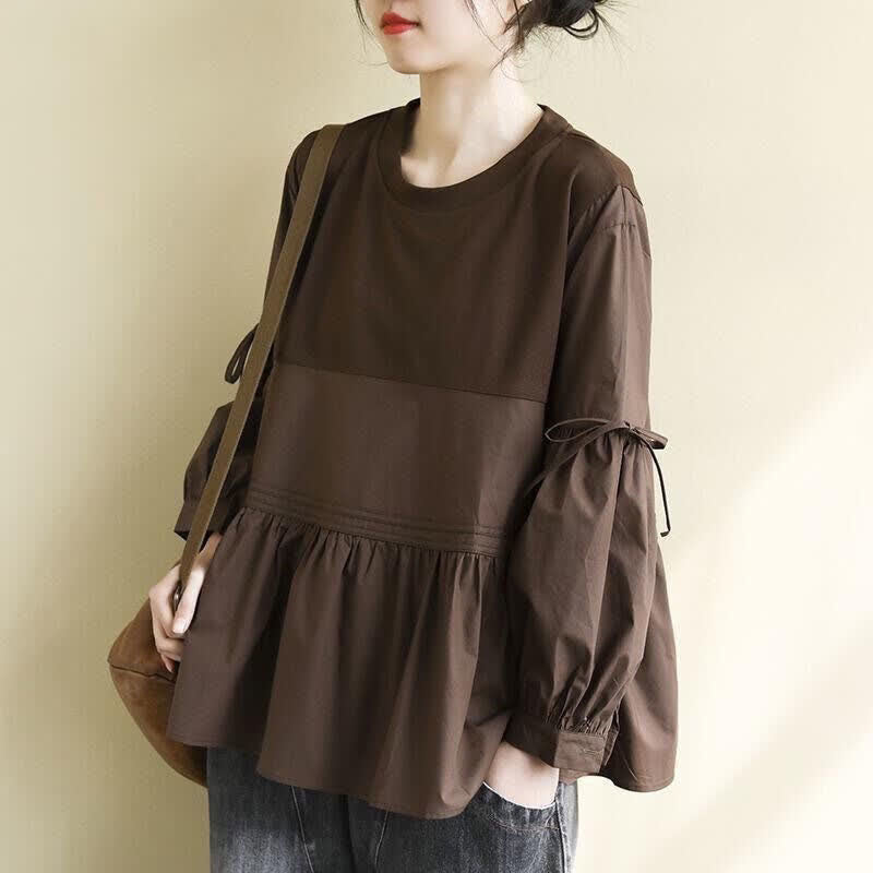Nimara Ritual Spring Fall Casual Vintage Crew Neck Peplum Hem Drawstring Solid Women's Long Sleeve T-Shirt