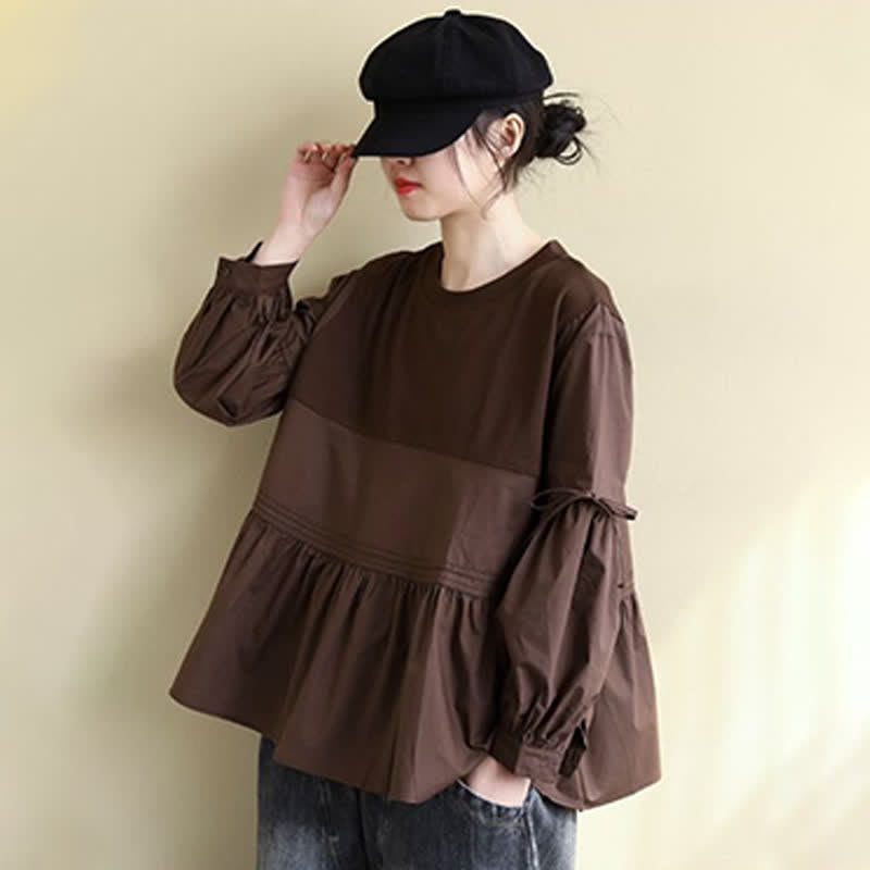 Nimara Ritual Spring Fall Casual Vintage Crew Neck Peplum Hem Drawstring Solid Women's Long Sleeve T-Shirt