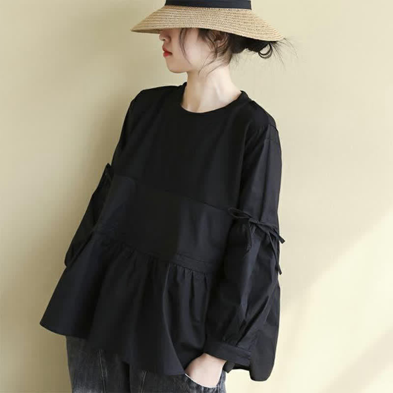 Nimara Ritual Spring Fall Casual Vintage Crew Neck Peplum Hem Drawstring Solid Women's Long Sleeve T-Shirt
