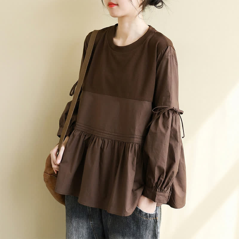 Nimara Ritual Spring Fall Casual Vintage Crew Neck Peplum Hem Drawstring Solid Women's Long Sleeve T-Shirt