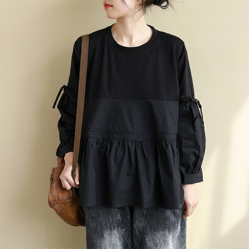 Nimara Ritual Spring Fall Casual Vintage Crew Neck Peplum Hem Drawstring Solid Women's Long Sleeve T-Shirt