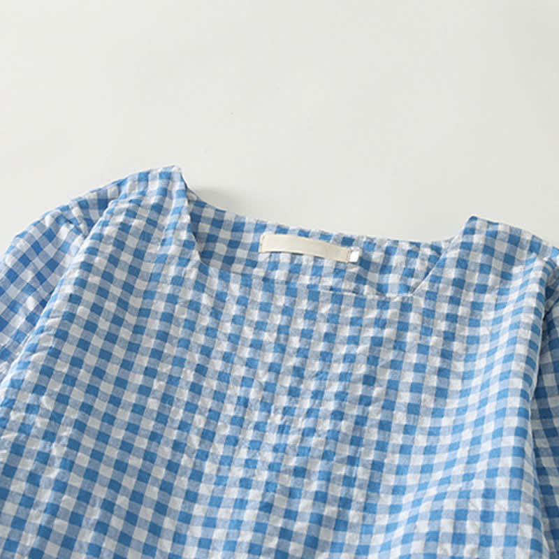 Nimara Ritual Spring Casual Vintage Light Blue Plaid Crew Neck Women's Long Sleeve Dress With Pocket