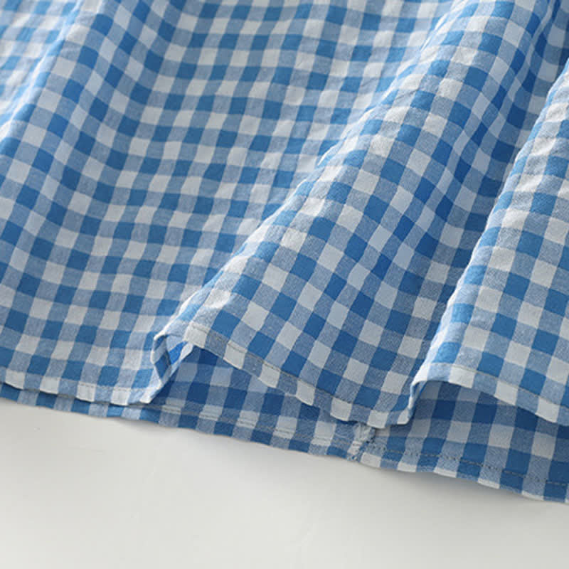 Nimara Ritual Spring Casual Vintage Light Blue Plaid Crew Neck Women's Long Sleeve Dress With Pocket