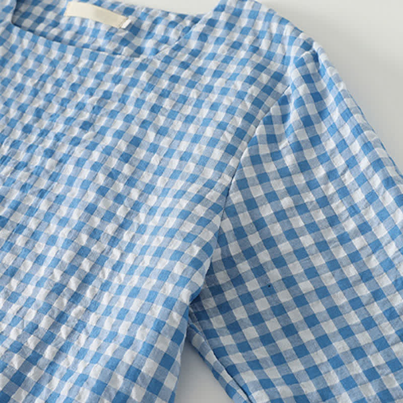 Nimara Ritual Spring Casual Vintage Light Blue Plaid Crew Neck Women's Long Sleeve Dress With Pocket