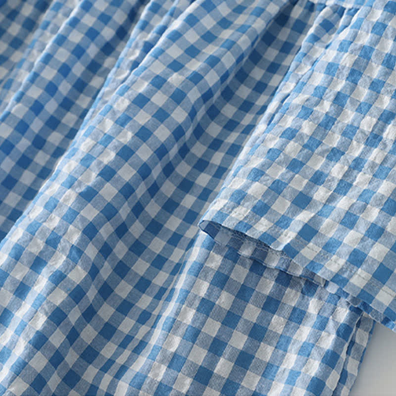 Nimara Ritual Spring Casual Vintage Light Blue Plaid Crew Neck Women's Long Sleeve Dress With Pocket