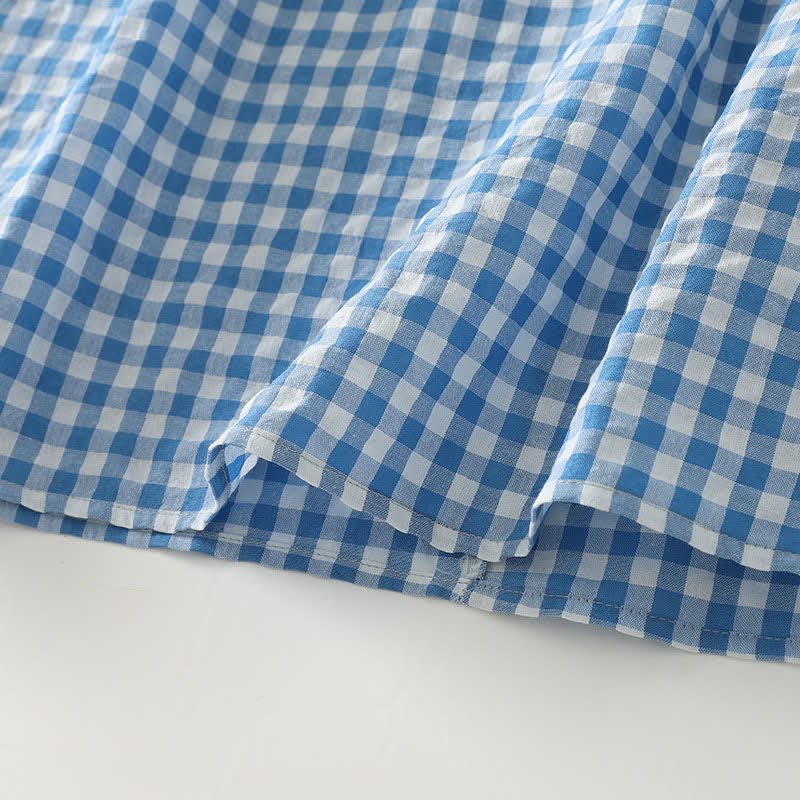 Nimara Ritual Spring Casual Vintage Light Blue Plaid Crew Neck Women's Long Sleeve Dress With Pocket