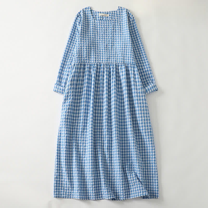 Nimara Ritual Spring Casual Vintage Light Blue Plaid Crew Neck Women's Long Sleeve Dress With Pocket