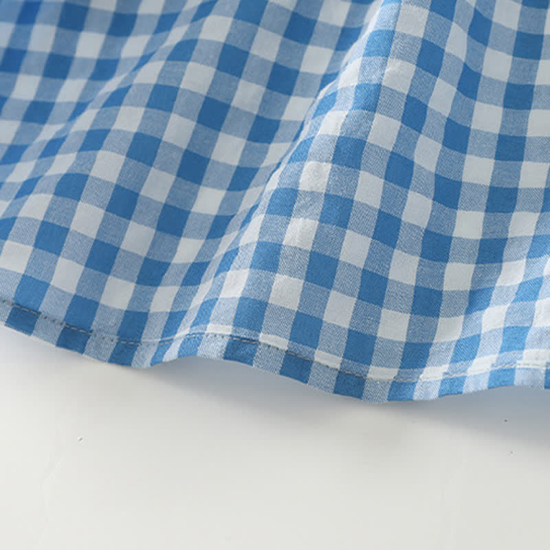 Nimara Ritual Spring Casual Vintage Light Blue Plaid Crew Neck Women's Long Sleeve Dress With Pocket