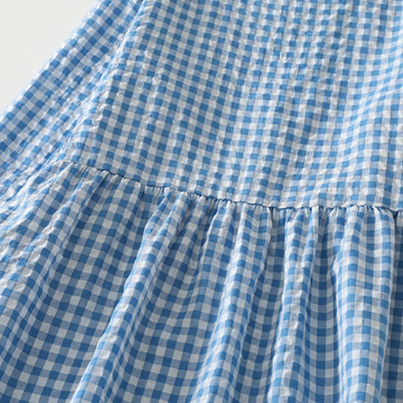 Nimara Ritual Spring Casual Vintage Light Blue Plaid Crew Neck Women's Long Sleeve Dress With Pocket
