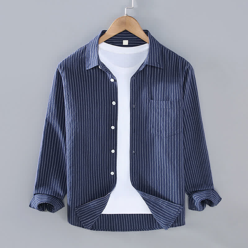 Nimara Ritual Spring Fall Casual Minimalist Button-Up Vertical Striped Men's Long Sleeve Shirts With Patch Pocket