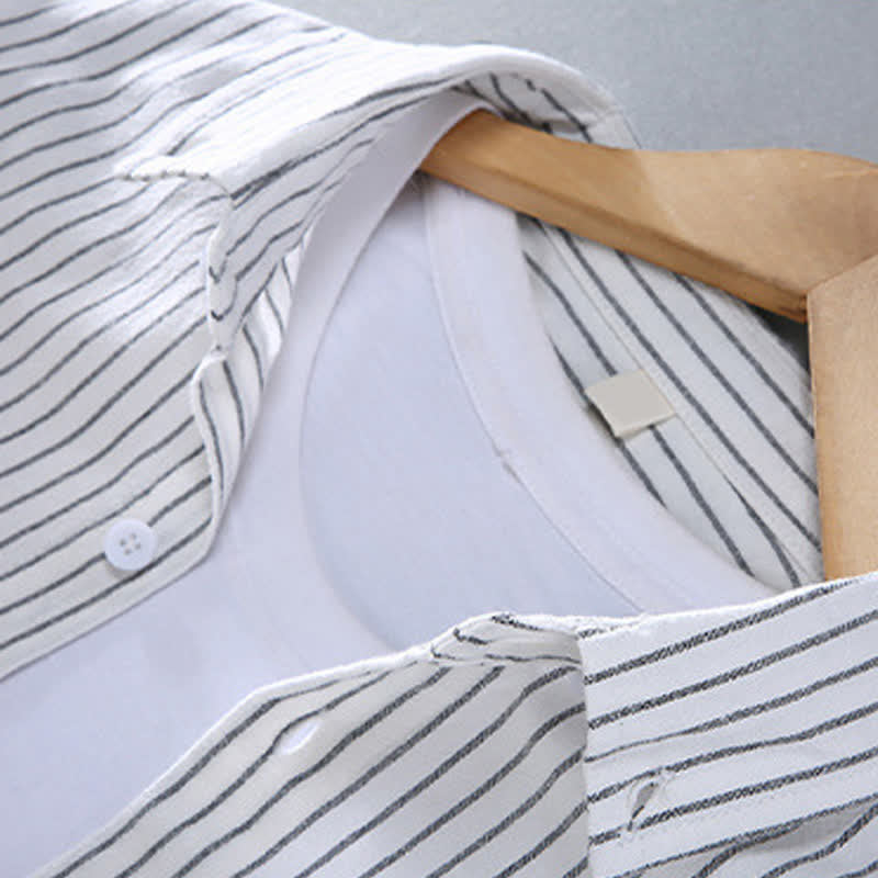 Nimara Ritual Spring Fall Casual Minimalist Button-Up Vertical Striped Men's Long Sleeve Shirts With Patch Pocket
