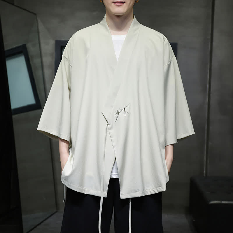 Nimara Ritual Summer Tang Style Minimalist Drawstring Bamboo Solid Three-Quarter Sleeve Men's Kimono